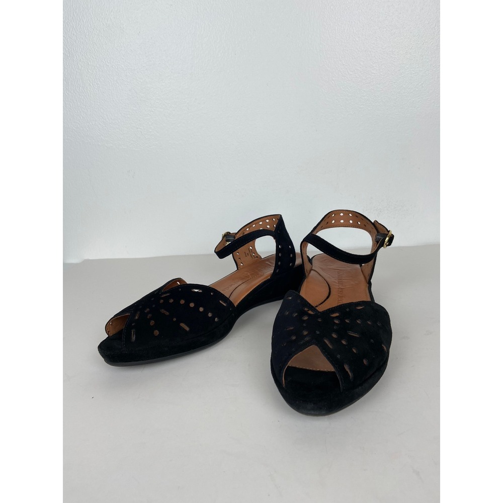 L'amour Des Pieds Brenn Size 8M Black Suede Laser Cut Peep Toe Wedge Sandals - Picture 2 of 10